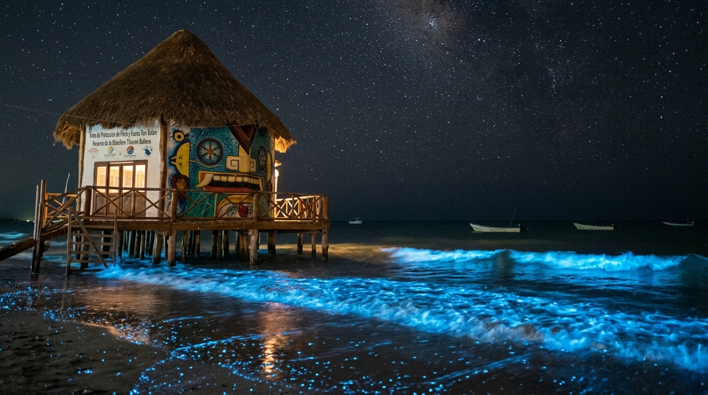 Orilla de Holbox iluminada de azul por la bioluminiscencia durante la noche